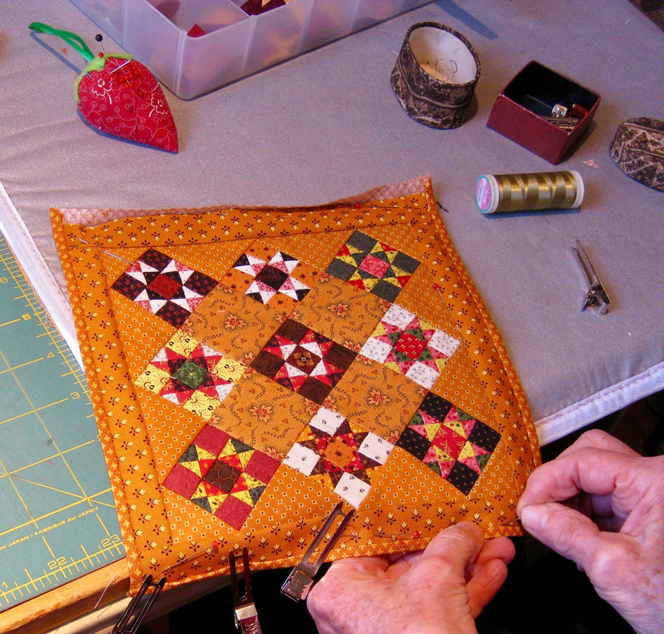 © Kathie Ratcliffe with Ohio Star miniature quilt in process image 2019